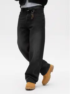 Men’s Retro Baggy Wide-Leg Denim Pants, Vintage Washed Black Cotton Fabric Streetwear Jeans, Heavyweight Oversized 90s Skater Vibe Bottoms for Pairing with Hoodies, Sneakers, Bombers