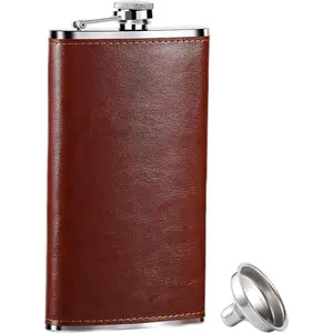Swiilpo 10oz Whiskey Flask for Men - Stainless Steel Hip Flask with Brown Leather, Leakproof with Funnel & Never Lose Cap, Gift for Men,By Traiisutor