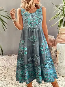 Plus Size Round Neck Sleeveless Tiered Maxi Dress, Bohemian Ethnic Print, Casual Loose Fit, Casual Wear Womenswear
