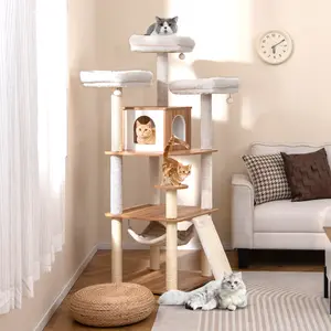 COSTWAY - 68 Inch Tall Cat Tree with 3 Padded Perches Condo and Sisal Scratching Posts-Natural