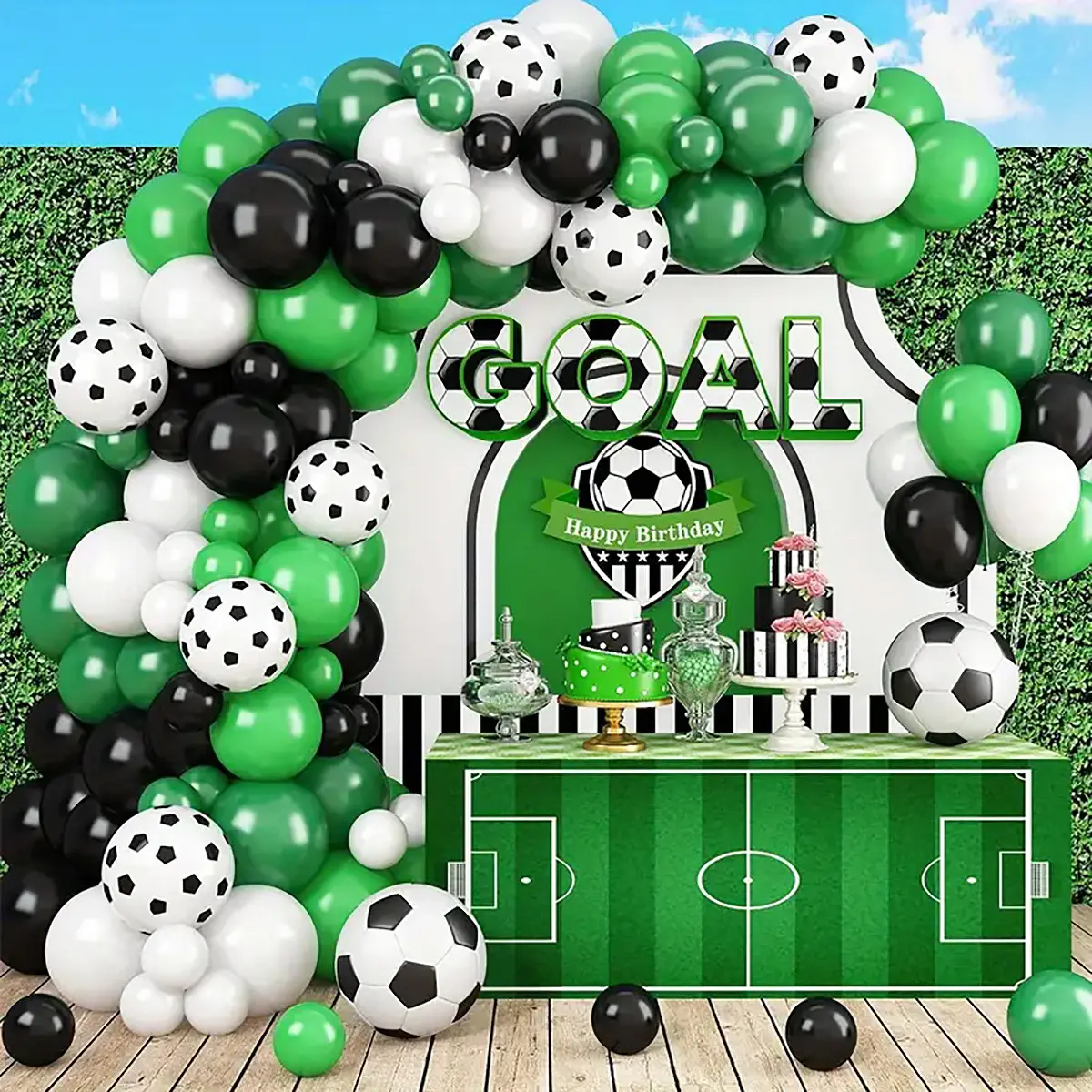 109pcs Football Theme Green-Black-White Latex Balloon Decorations Kit, Balloon Garland Arch for Soccer Birthday & Wedding Celebrations, Indoor-Outdoor Home Party Background Decor Supplies