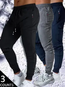 Men's 3-Pack Slim Fit Jogger Pants - Black, Light Grey & Navy Blue - Elastic Waist with Drawstring, Zipper Side Pockets, Tapered Leg Design -Lightweight Fabric - Perfect for Gym, Running, Casual Daily Wear - S-2XL Sizes