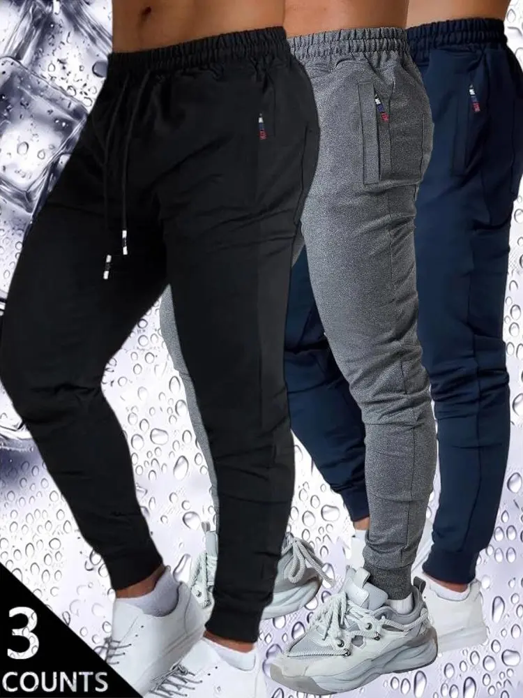 Men's 3-Pack Slim Fit Jogger Pants - Black, Light Grey & Navy Blue - Elastic Waist with Drawstring, Zipper Side Pockets, Tapered Leg Design -Lightweight Fabric - Perfect for Gym, Running, Casual Daily Wear - S-2XL Sizes