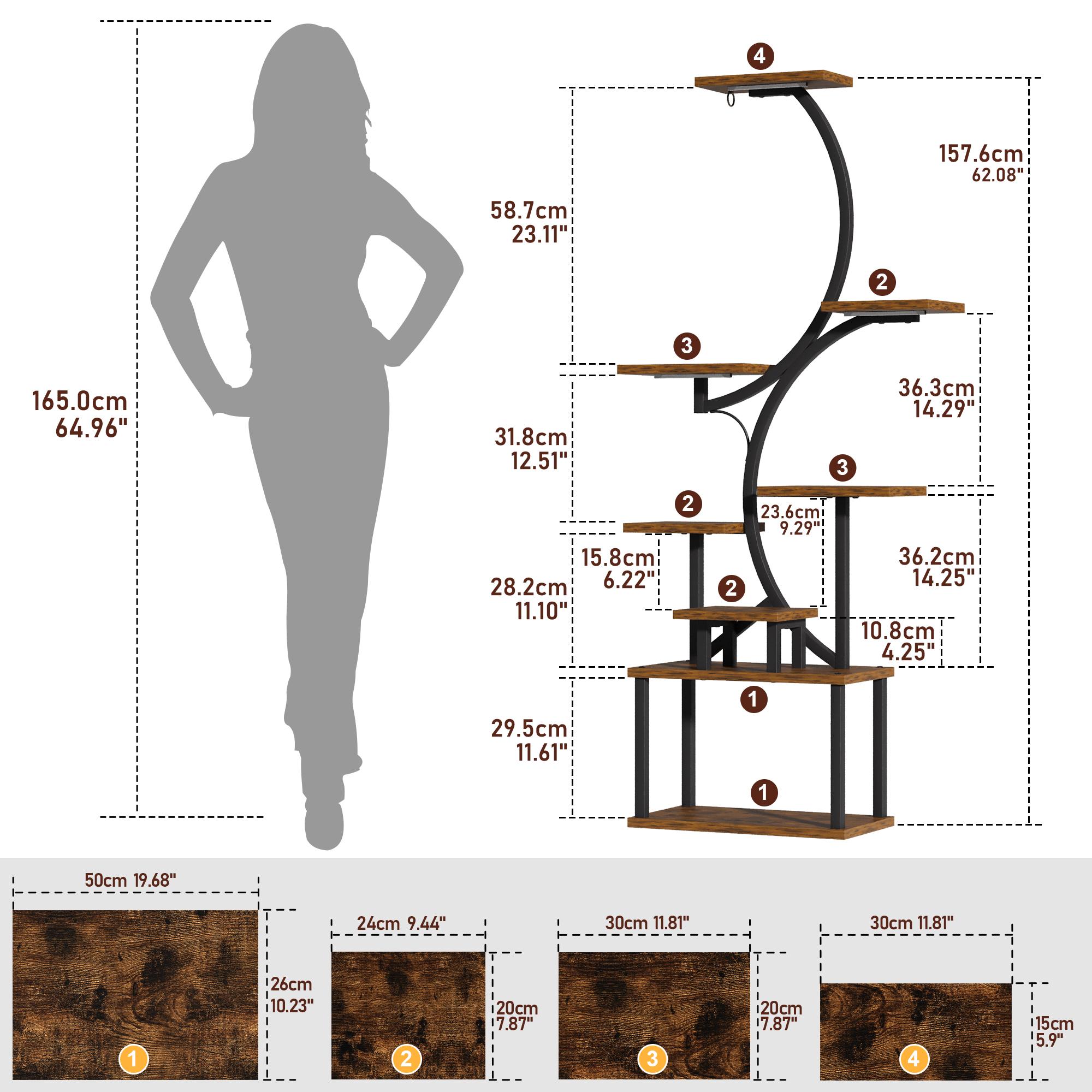 Display Shelf with LED Lights, Corner Shelf Stand, 62" Tall Bookshelf, 8-Tier Bookcase for Collectibles, S-Shaped Modern Corner Display Book Shelves for Bedroom Living Room, Rustic Brown