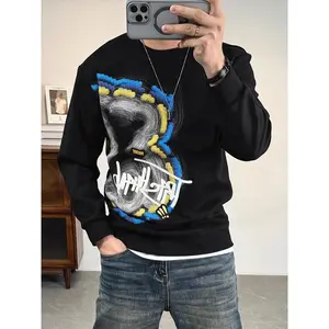 Men's Long Sleeve Sweatshirt Autumn Winter New Letter Personality Cartoon Graffiti Print Youth Crew Neck Casual Versatile Top Menswear Hoodie