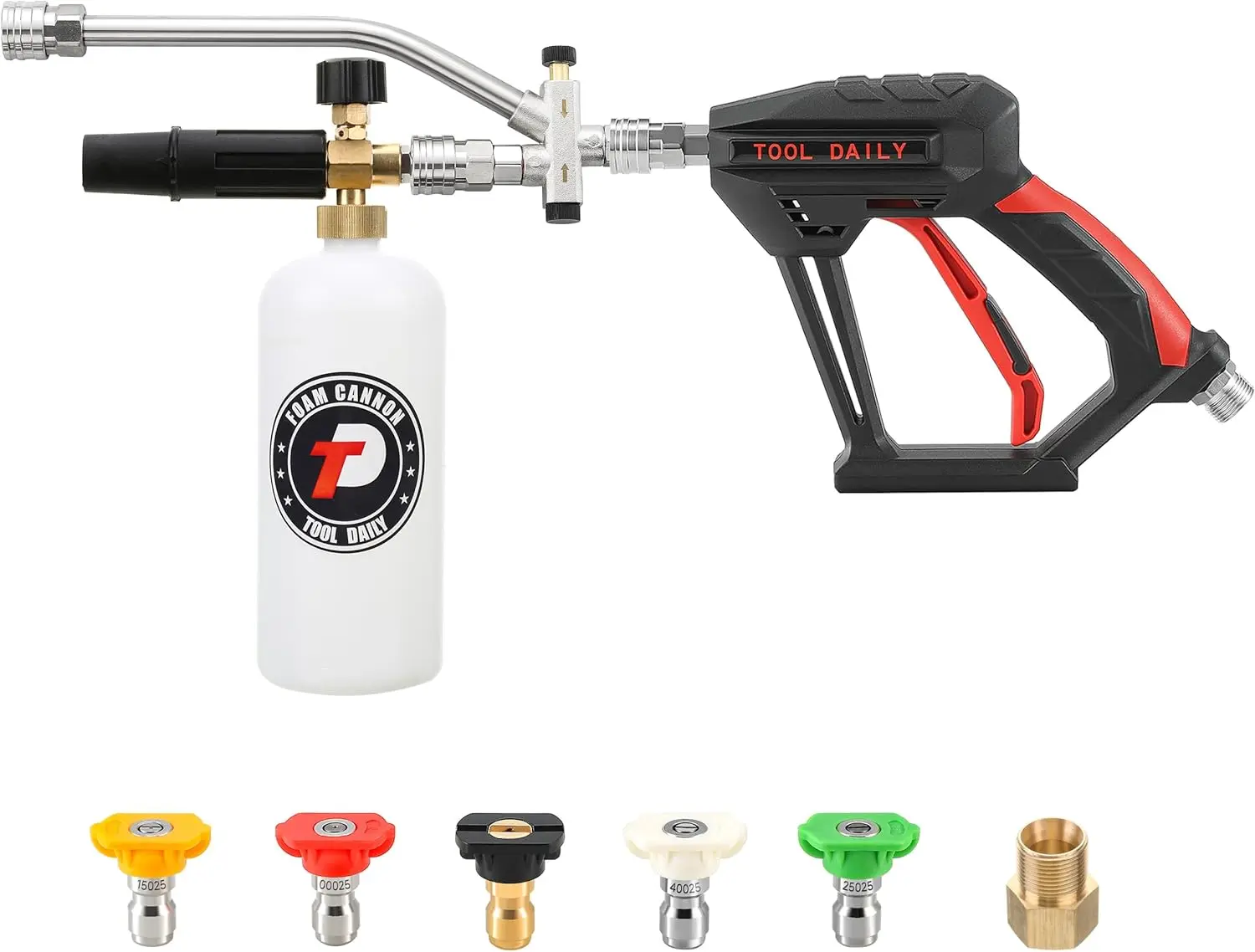 Tool Daily Short Pressure Washer Spray Lance with Foam Cannon, Dual Connector Accessory, 1/4 Inch Quick Connect, 5 Spray Nozzle Tips, 1 Liter