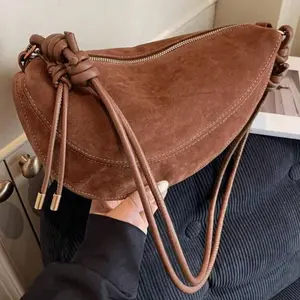 Women Vintage Fashion Solid Color Suede Texture Shoulder Crossbody Everyday Bag with Crescent Design, Zipper Closure, Suitable for Daily Use and Going Out, New Autumn And Winter Women Hobo Bag Underarm Purse