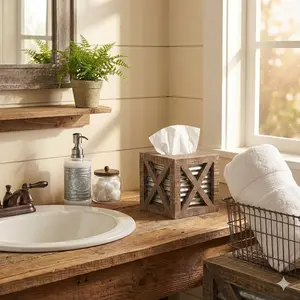 Rustic Barn Door Square Tissue Box Cover - Autumn Alley Western Wood and Metal Decorative Farmhouse Tissue Box Cover