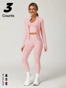 Women's Sporty Three-piece Set, Top & Leggings & Open Front Outerwear for Yoga Gym Workout Running, Ladies Sporty Style Clothes for All Seasons, Gym Clothes Set，Casual Fashion for Daily Wear, Stylish Design