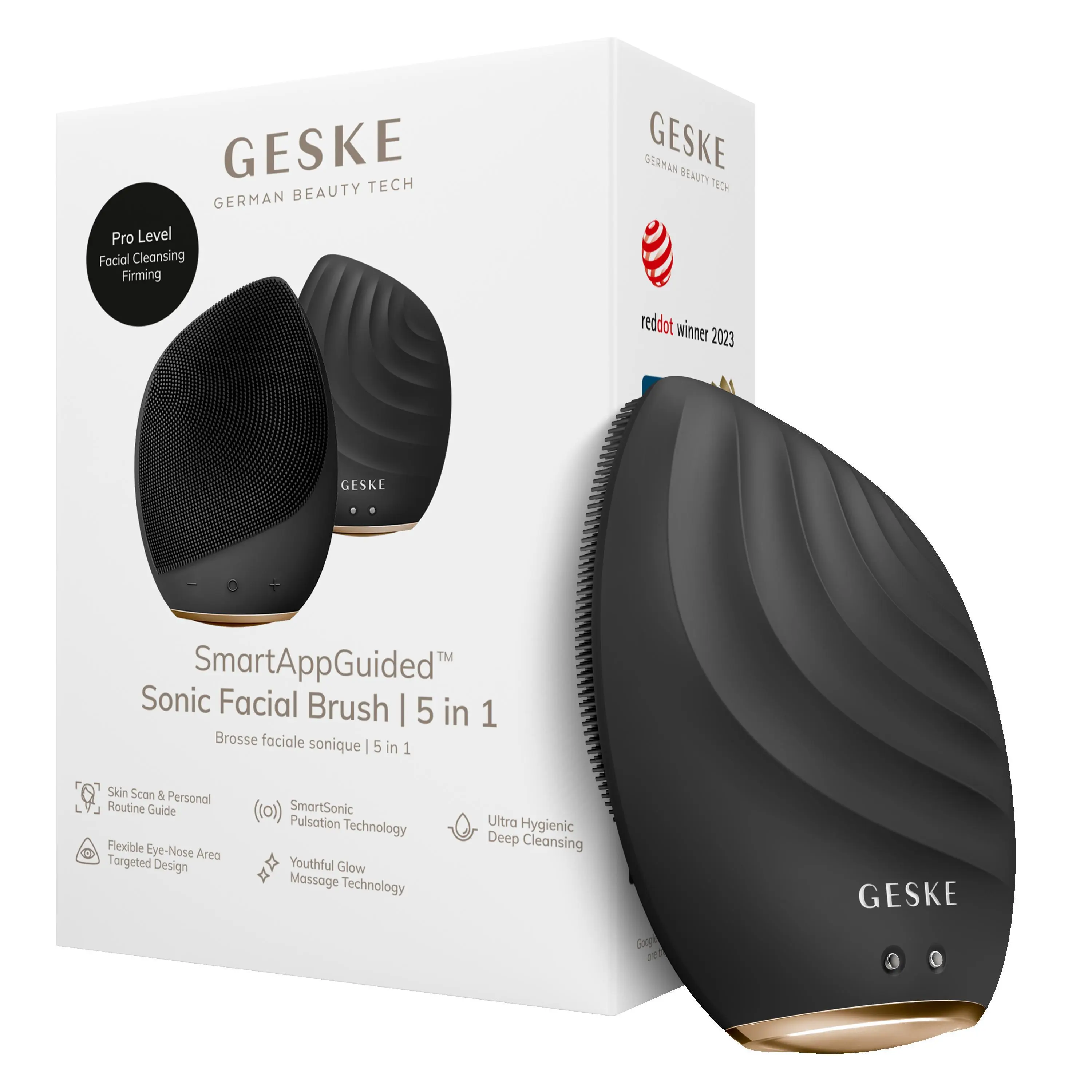 GESKE SmartAppGuided™ Sonic Facial Brush 5 in 1 | Vibrating Electric Facial Cleansing Brush | Soft Silicone Brush | Professional Facial Cleanser | Skin Cleanser & Exfoliator | Face Massager