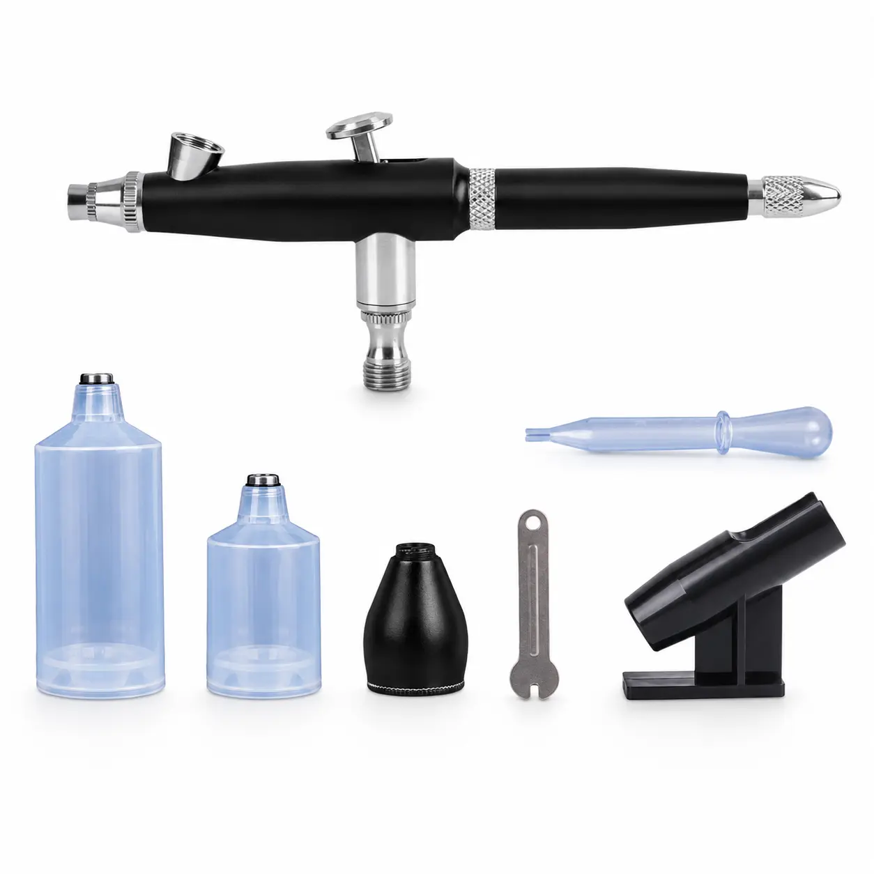 Black Airbrush Kit, Fine Spray Airbrush Gun with Clear Bottles, Pipette, Wrench and Stand, External Air Source Spray Tool for Model Painting, Hand Painting, DIY Crafts and Art Projects