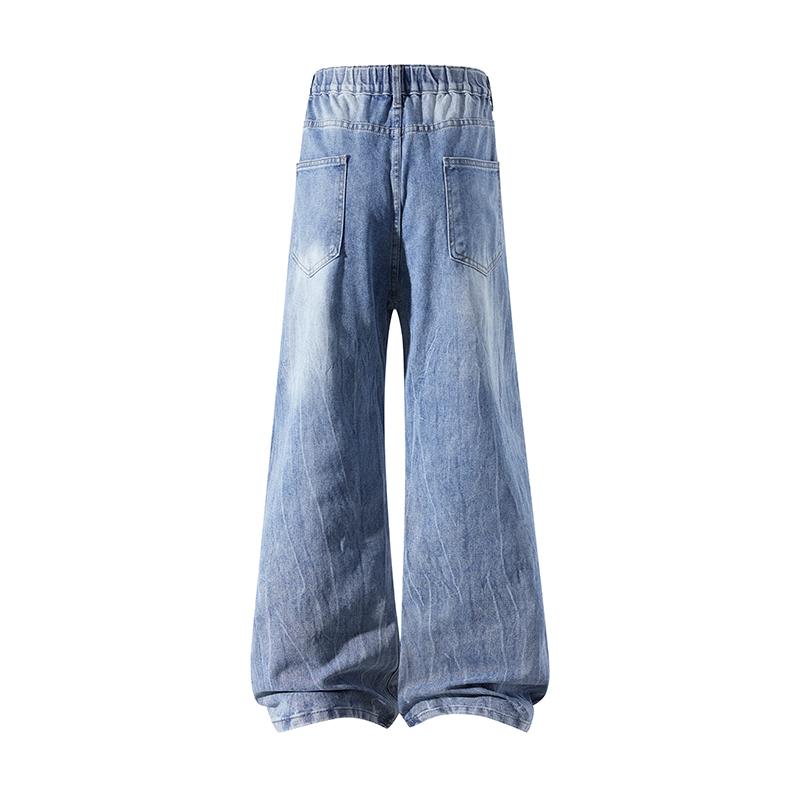 Men's Spring and Autumn Solid Color Vintage Washed Denim Pants, Loose Straight-Leg Workwear Casual Pants, Trendy New Floor-Length Jeans, Couple's Washed Wide-Leg Pants, Street Style Versatile Fashionable Men's Trousers, Men's Jeans Suitable for Everyday W