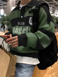 Men's  Pattern Striped Polo Sweater, Color Block Loose Fitted Button Knitted Top Retro Lapel Collared Long Sleeve Drop Shoulder Knitted Outwear, Trendy Soft Warm knit Jacket Wear Fall Winter Sweatshirt Outfit Daily Life Going Out Work Club wear Work Time