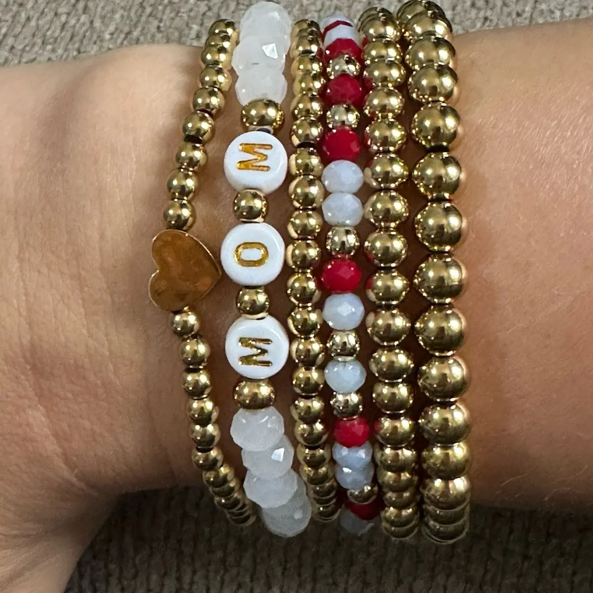Mother's Day Bracelet Stack Set - Customizable 5 Bracelets with Heart or Cross Charm, Stretchy, Silver or Gold, Personalized for mom/grandma