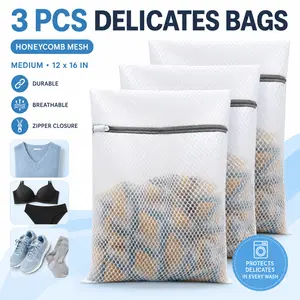 3Pcs Honeycomb Mesh Laundry Bags, 12*16 Inch Medium Delicates Washing Bags, durable breathable & tear-resistant design, ideal for protecting clothes during machine wash, perfect for home daily laundry and travel garment care.