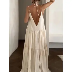 2025 New Women's - Deep V-Semi-Sheer Backless with Ruffled Straps, Loose Maxi Campfire Parties & Seaside Outings