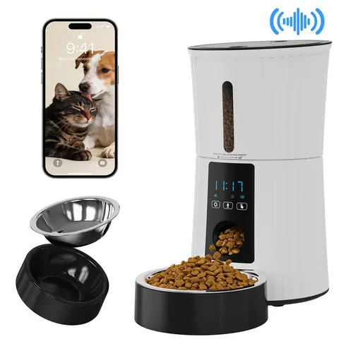Sweetcrispy Automatic Cat Feeder, 2.4G WiFi APP Control Indoor Programmable Feeder with 10s Voice Recording, Dual Power Supply, 5V Adapter, 16.9 Cups Large Hopper, Desiccant, 3 D-Type Batteries, Easy to Clean - Builds Routine for Small Cats & Dogs