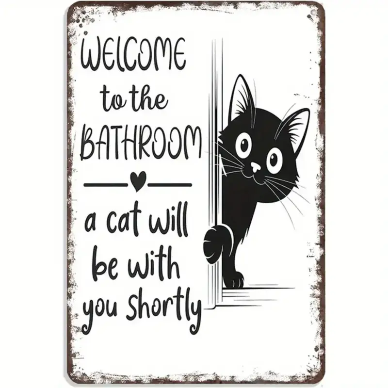 Funny Black Cat Bathroom Sign "A Cat Will Be With You Shortly"  - Peeking Kitty Toilet Wall Decor - Cute Restroom Metal Plaque - Vintage Humor Gift for Cat Lover & Cat Mom
