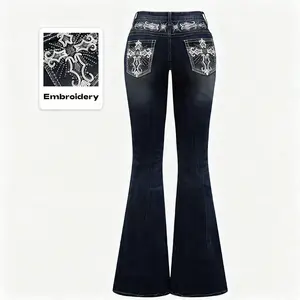 Women's Fitted Vintage Cotton Fabric Casual Jeans - Cross Embroidery, Belt Loop Detailing, Stretch Flare, Solid Denim for All-Season Wear