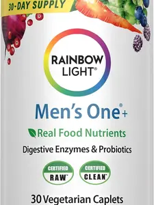 Rainbow Light Mens Multivitamin One + | 30 Caplets | Real Food Nutrients, Digestive Enzymes & Probiotics