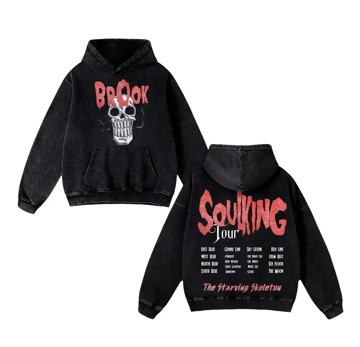 Men's Brook "SoulKing Tour" Washed Hoodie & Vintage Tee - Double-Sided OP Print, Oversized Streetwear, Heavyweight Cotton Anime Manga Outfit, Gift for Anime Fans