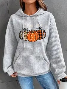 Women's Trendy Hooded Sweatshirt with Pumpkin Print, Long Sleeve Pullover with Pocket, Fall & Winter Casual Top