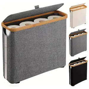 Large-capacity foldable toilet paper holder with lid - a space-saving bathroom organizer with a durable composite wood frame and grey fabric surface, a modern home storage solution.