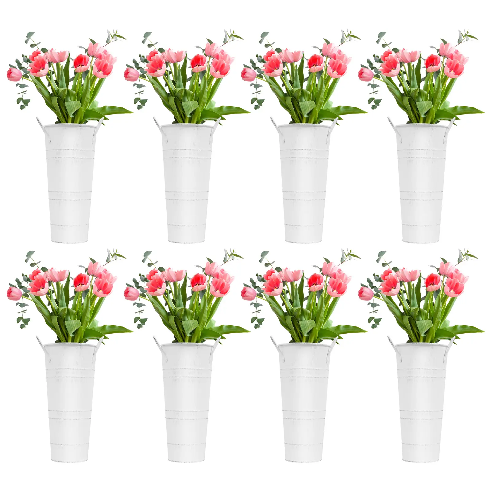 8 Pack Galvanized Metal Bucket Vases Rustic Farmhouse Flower Vase for Bouquet Centerpiece Wedding Party Home Decor White Rust Finish 9 Inch Height 4 Inch Opening