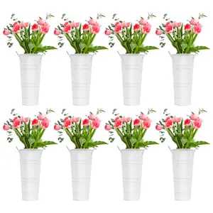 8 Pack Galvanized Metal Bucket Vases Rustic Farmhouse Flower Vase for Bouquet Centerpiece Wedding Party Home Decor White Rust Finish 9 Inch Height 4 Inch Opening
