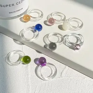 Women's Fashion Color Transparent Geometric Round Crystal Ring - Resin Plastic, Simulated, Sparkling Styles for Summer Party Jewelry Accessories, Crystal Rings, Resin Plastic Rings