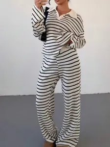 Autumn Winter Striped Turn-Down Collar Fashion Knit Loose Long Sleeve Top Casual Pants Sportswear Set, Women's Stylish