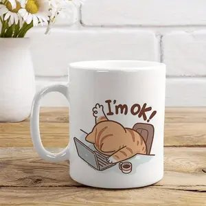 Reusable Ceramic Cat Coffee Mug with Playful "Im Fine" Design Multipurpose Tea Cup Perfect Gift for Cat Enthusiasts