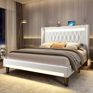 HOOMIC Upholstered Platform Bed Frame【Frame Only No Mattress】with High Wingback Headboard,Dual LED Light Strips,Dutch Velvet Diamond Tufting,Full/Queen/King,Black/White/Grey,No Box Spring Needed