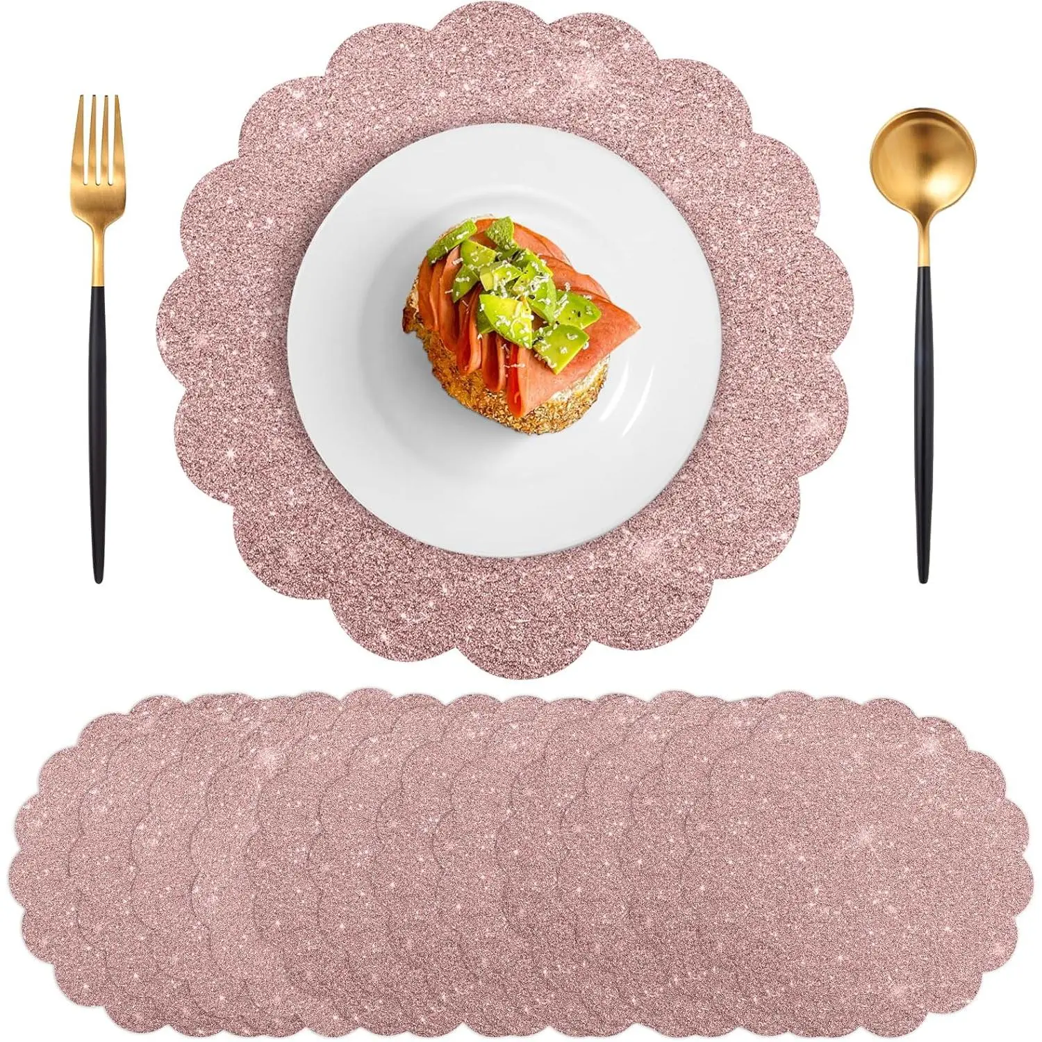 60Pcs Thick Rose Gold Glitter Paper Placemats & Coasters - 13.5in Disposable Scalloped Round Sparkle Tableware, Household Placemat, Kitchen Decor for Wedding, Birthday Parties, Kitchen Decorative Placemat