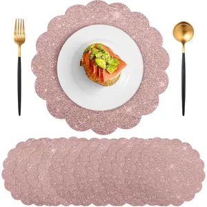 60Pcs Thick Rose Gold Glitter Paper Placemats, 13.5in Disposable Scalloped Round Sparkle Tableware, Decorative for Wedding, Birthday, Garden Party