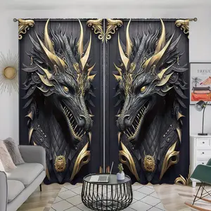 Dragon Pattern Window Curtain, 2 Counts/set Retro Window Curtain, Home Decoration Curtain, Pole Pocket Design Privacy Curtain for Home Living Room Bedroom Kitchen Study Room