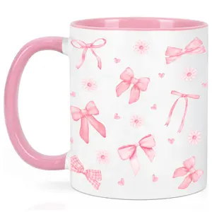 Coquette Pink Bow Mug, Pink Ribbon Mug for Girls, Cute Girly Accent Mug, Cute Coffee Cup for Women, Girly Bows 11Oz 15Oz Drinkware Beverage
