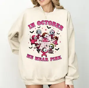 In October We Wear Pink Halloween TShirt - Sweatshirt - Hoodie, Cute Horror Movie Characters, Breast Cancer Awareness Shirt, Spooky Pink Fall Sweater