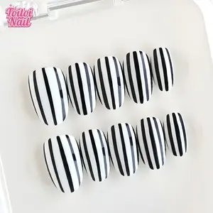 Stripe Noir Handmade Press-On Nails | Short Square Shape, 10pcs | Minimalist Vintage Bold Stripe Design | White Base & Thick Black Vertical Stripe Accents | Reusable DIY Nail Kit for Women | Trendy Nails for Spring, Summer, Dates & Daily Wear