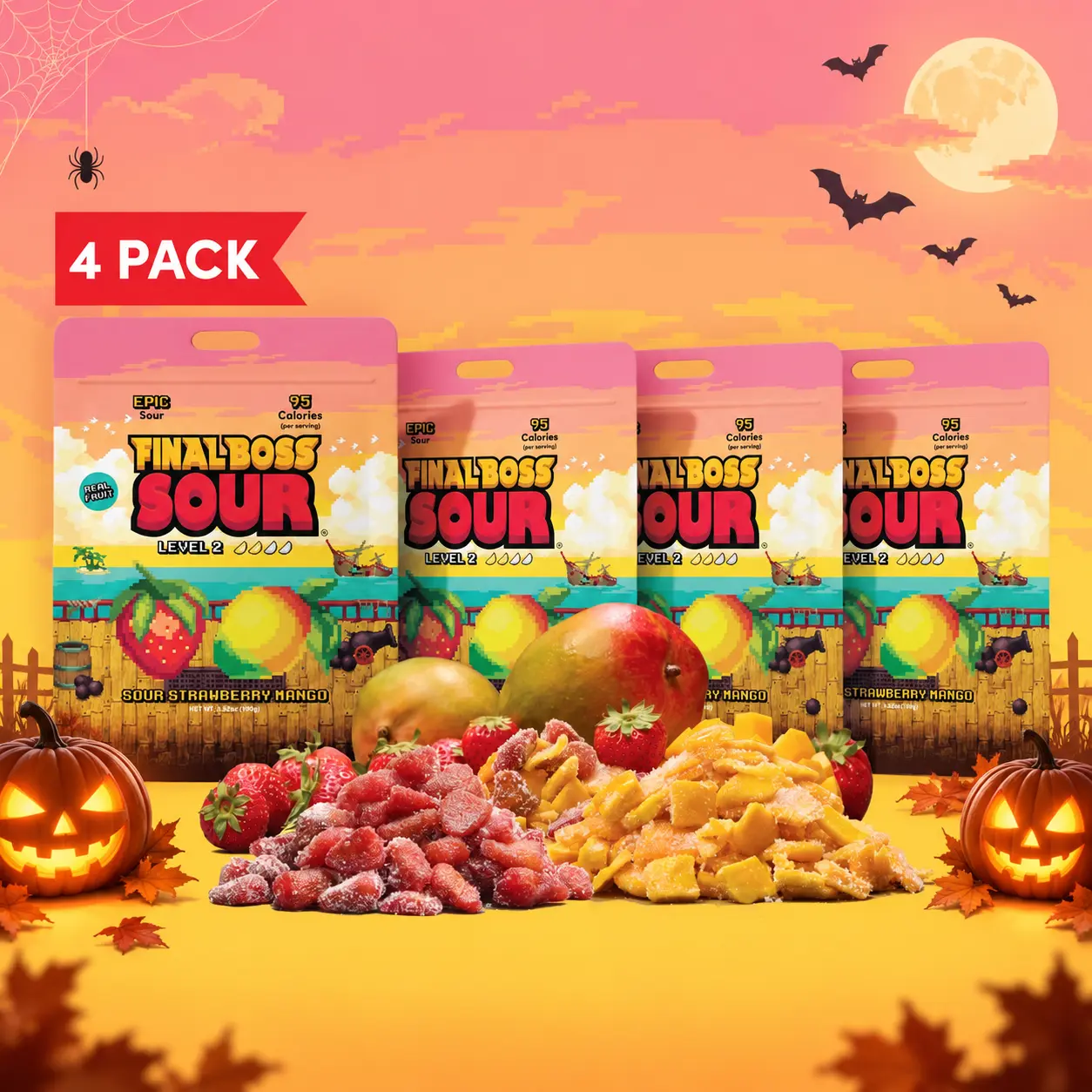 Final Boss Sour - Level 2 Sour Strawberry & Mango – 4-Pack Real Fruit Sour Snack (3.5oz Pouches)