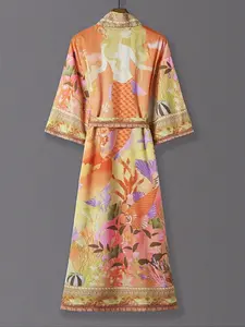 Women's Mermaid Print Kimono, Elegant Retro Chic 3/4 Sleeve Open Front Kimono, Lightweight Cover-Up for Vacation Travel, Stylish Summer Dress Womenswear