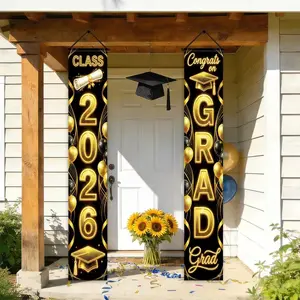 2D Flat Banner Set, Graduation Party Decoration, Golden Bachelor Cap, Diploma Design, Polyester Material, Grad Party Decorations