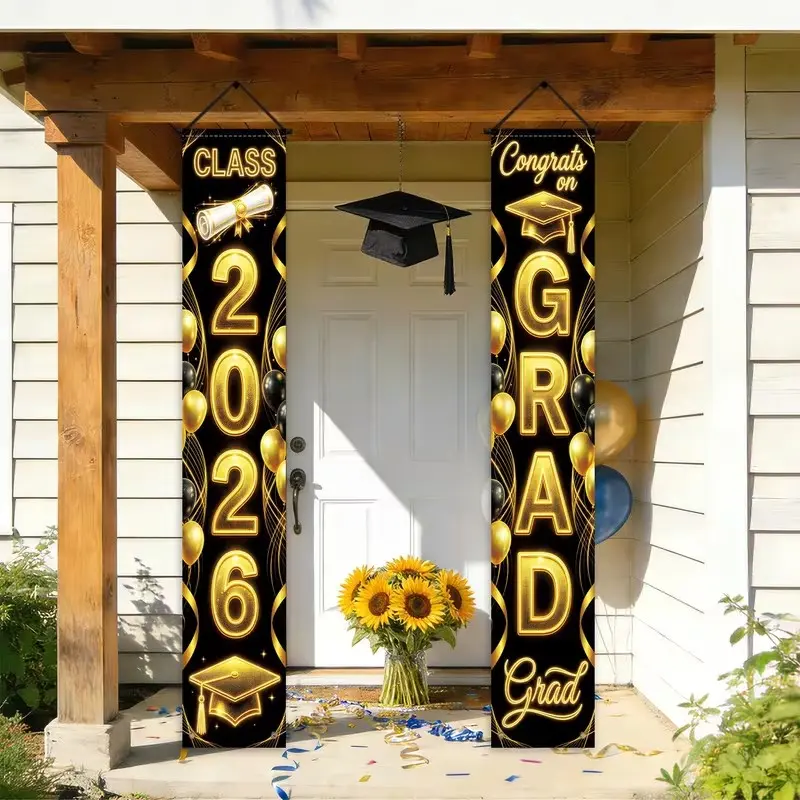 2D Flat Banner Set, Party Decorations Banners, Graduation Party Decoration, Golden Bachelor Cap, Diploma Design, Polyester Material, Grad Party Decorations