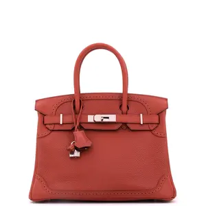 Pre-owned HERMÈS Leather Tote Bags REBAG Hermes Birkin Ghillies Bag Brique Clemence and Evercolor with Palladium Hardware 30 by Rebag