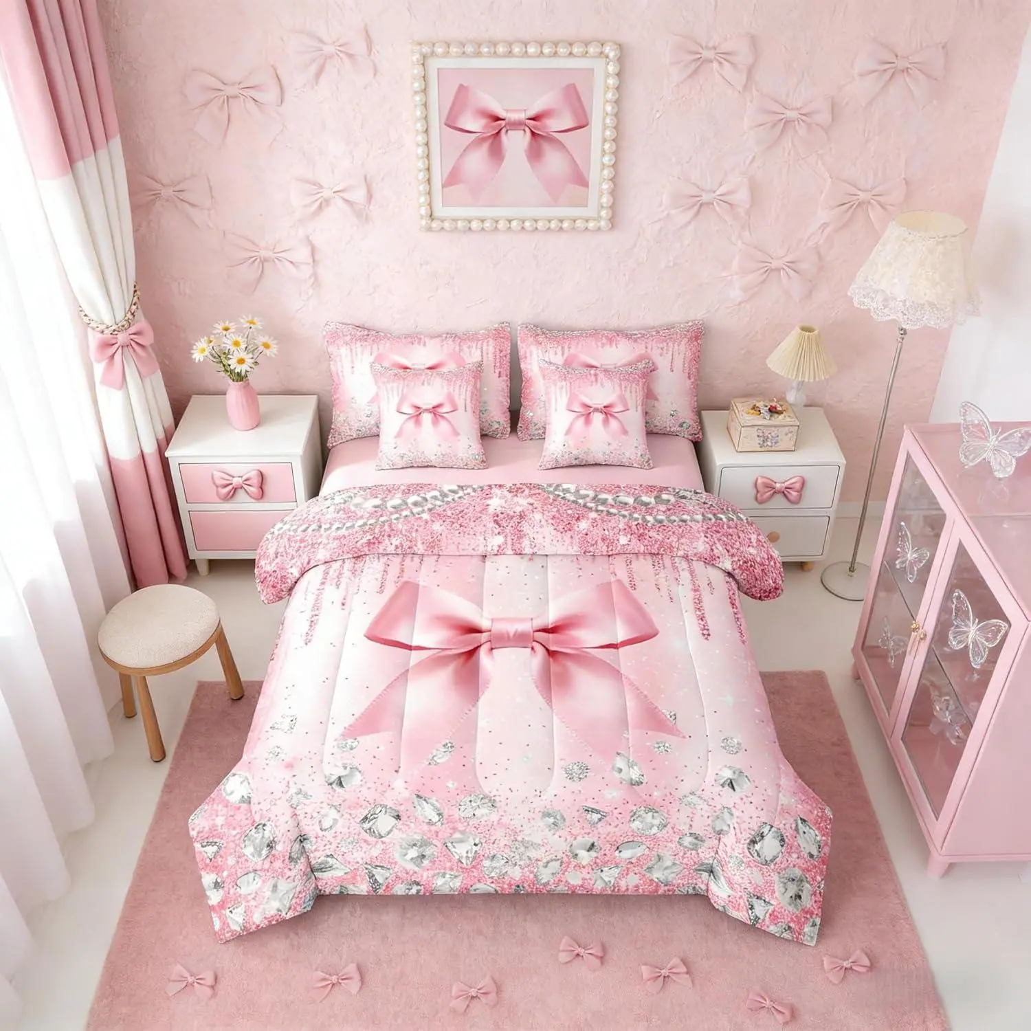 Feelyou 7-Piece Pink Bowknot Glitter Bedding Set for Girls - Skin-Friendly Bowknot Design Blanket, Soft Warm Blanket, Cozy Breathable Quilt Cover with Cute Ribbons, Coquette Comforter, Sheets