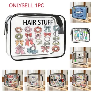 Transparent Printed Zipper Makeup Bag, Large Capacity Lightweight Travel Storage Bag, Travel Cosmetic Bag, Makeup Organizer Pouch, Easy Clean Anti-Fade Design, Perfect Gift