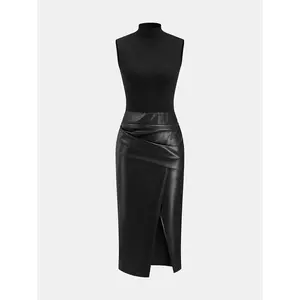 Faux Leather Panel Mock Neck Sleeveless Dress