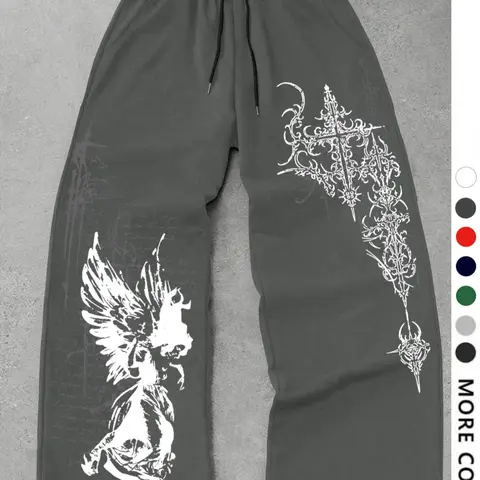 Men's Casual Loose-Fit Athletic Pants, Angel Totem Graphic Print Drawstring Wide Leg Joggers, All-Season Men's Clothing, Wide Leg Sweatpants, Deep Sweatpants, Baggy Sweatpants, Printed Sweatpants