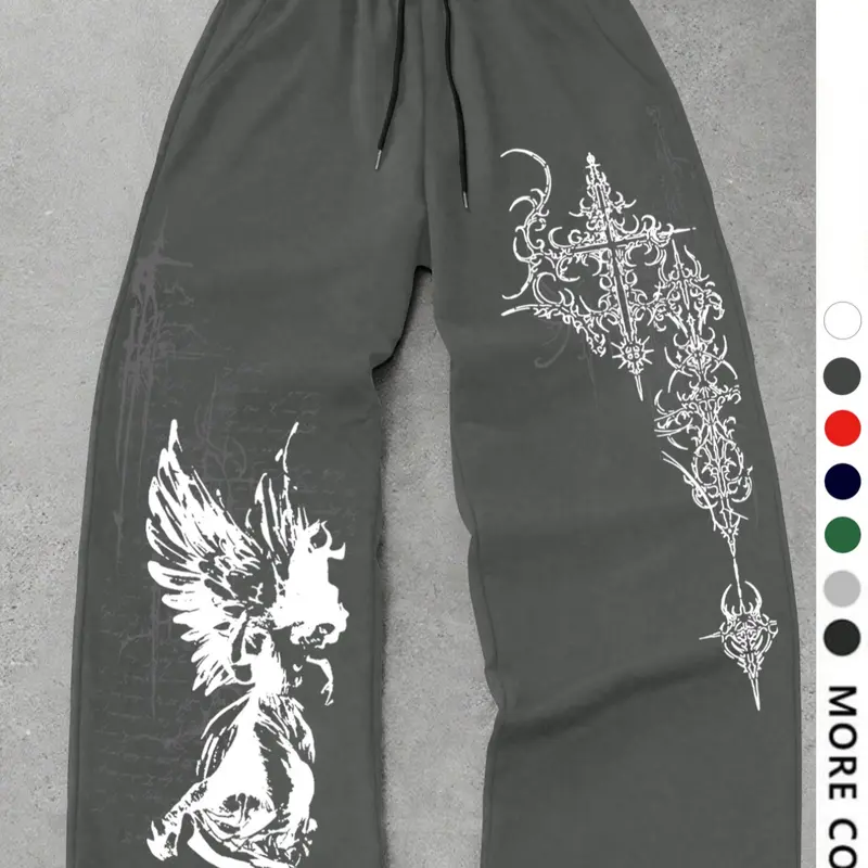Men's Casual Loose-Fit Athletic Pants, Angel Totem Graphic Print Drawstring Wide Leg Joggers, All-Season Men's Clothing, Wide Leg Sweatpants, Deep Sweatpants, Baggy Sweatpants, Printed Sweatpants