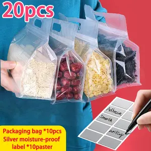 20 Pcs Reusable Food Storage Bags with Silver Color Labels, Transparent Plastic Sealed Bags for Kitchen Organization & Snack Packaging